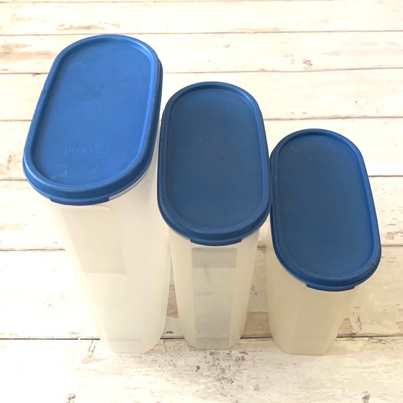 Vintage Tupperware Modular Mates Oval Food Storage Containers Set of 3 Blue Lids - Picture 1 of 3